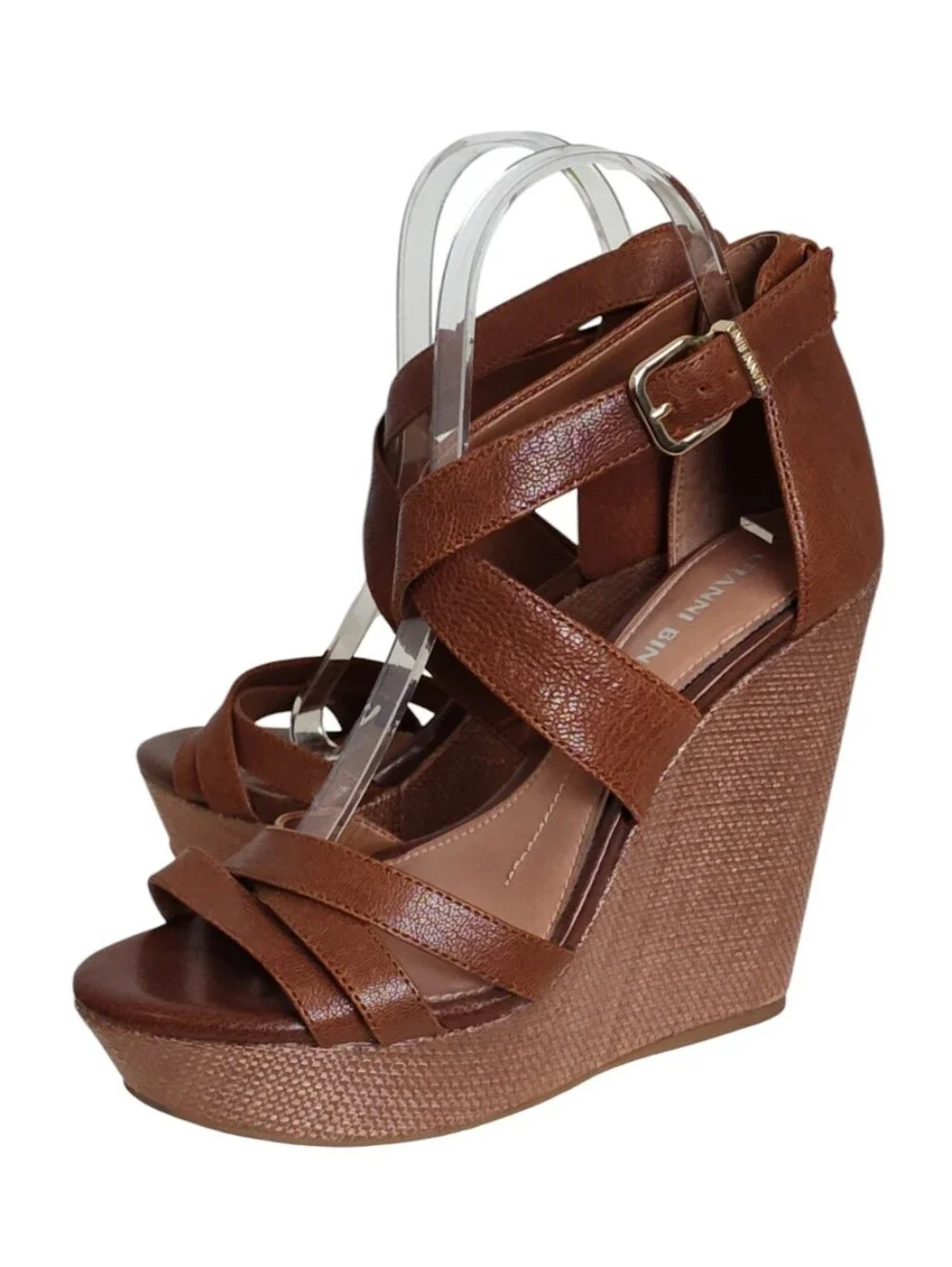 Gianni Bini Brown Leather Crisscross Strappy Platform Wedges 7.5